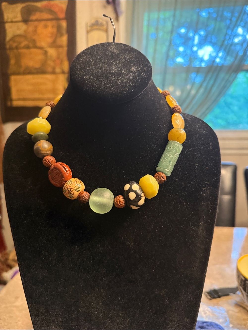 Incredible artisan created necklace w genuine Bakelite ,Cinnabar and Jade beads